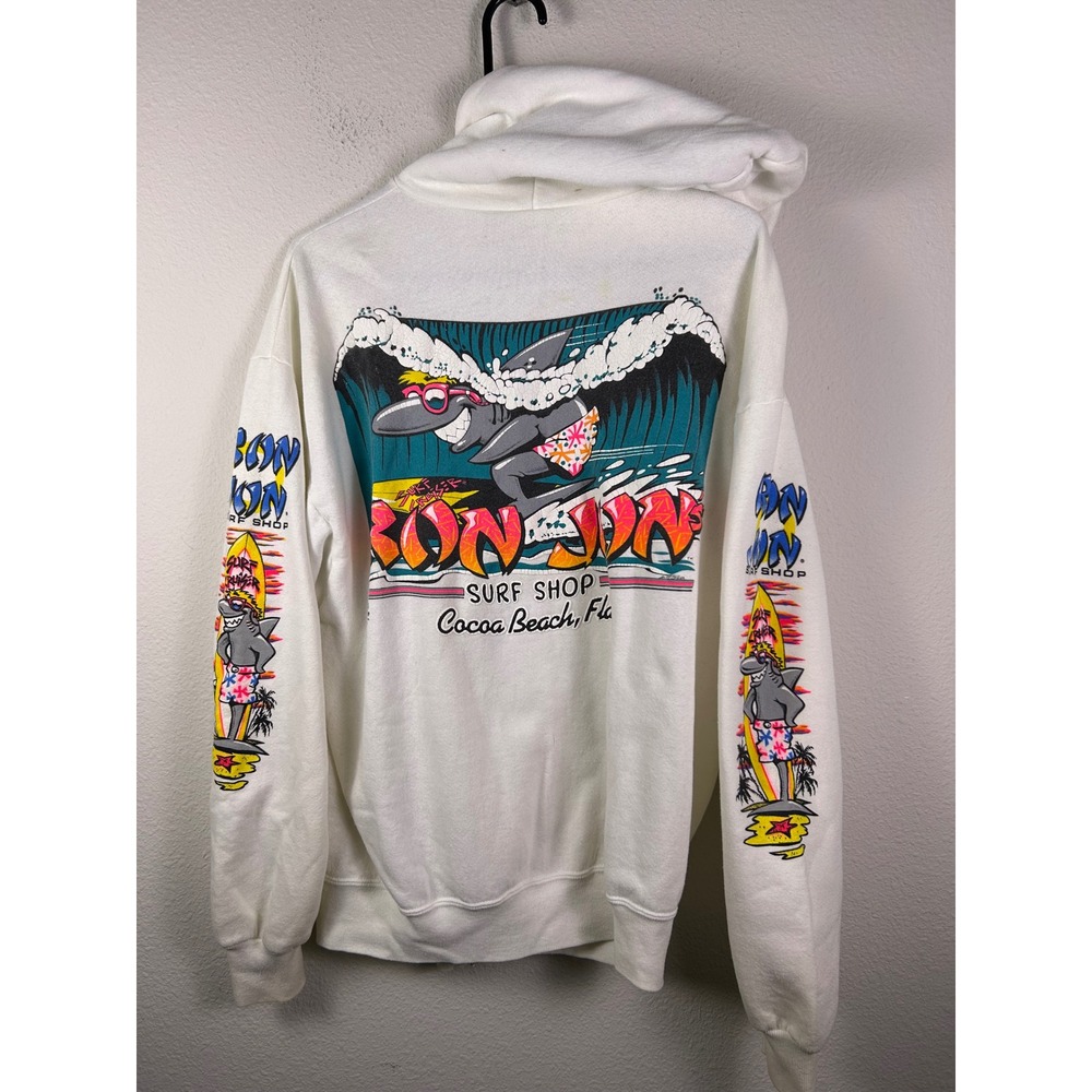 Vintage 1995 Ron Jon Surf Shop Cocoa Beach Shark Zip Up Hoodie White Mens L